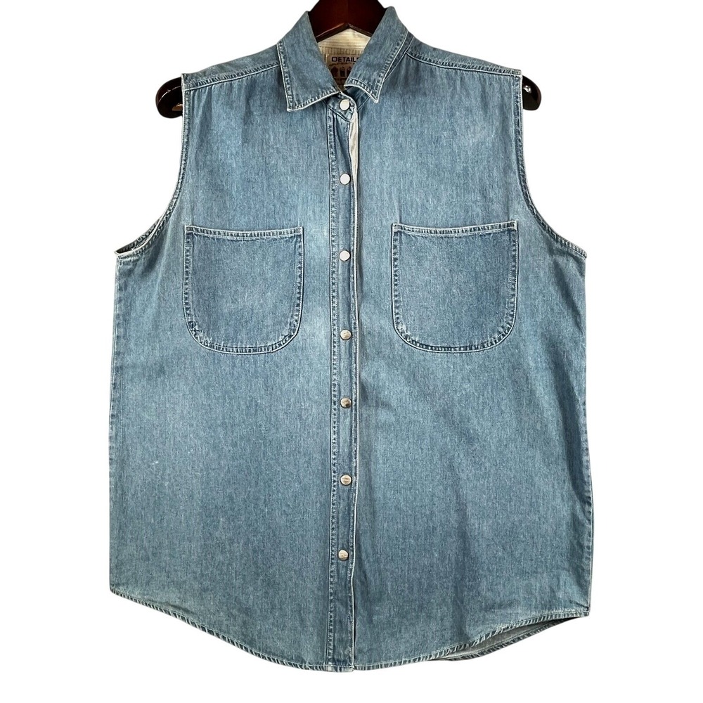 Vintage Women 18 Sleeveless Denim Shirt Blue Button Front 90s Minimalist Classic